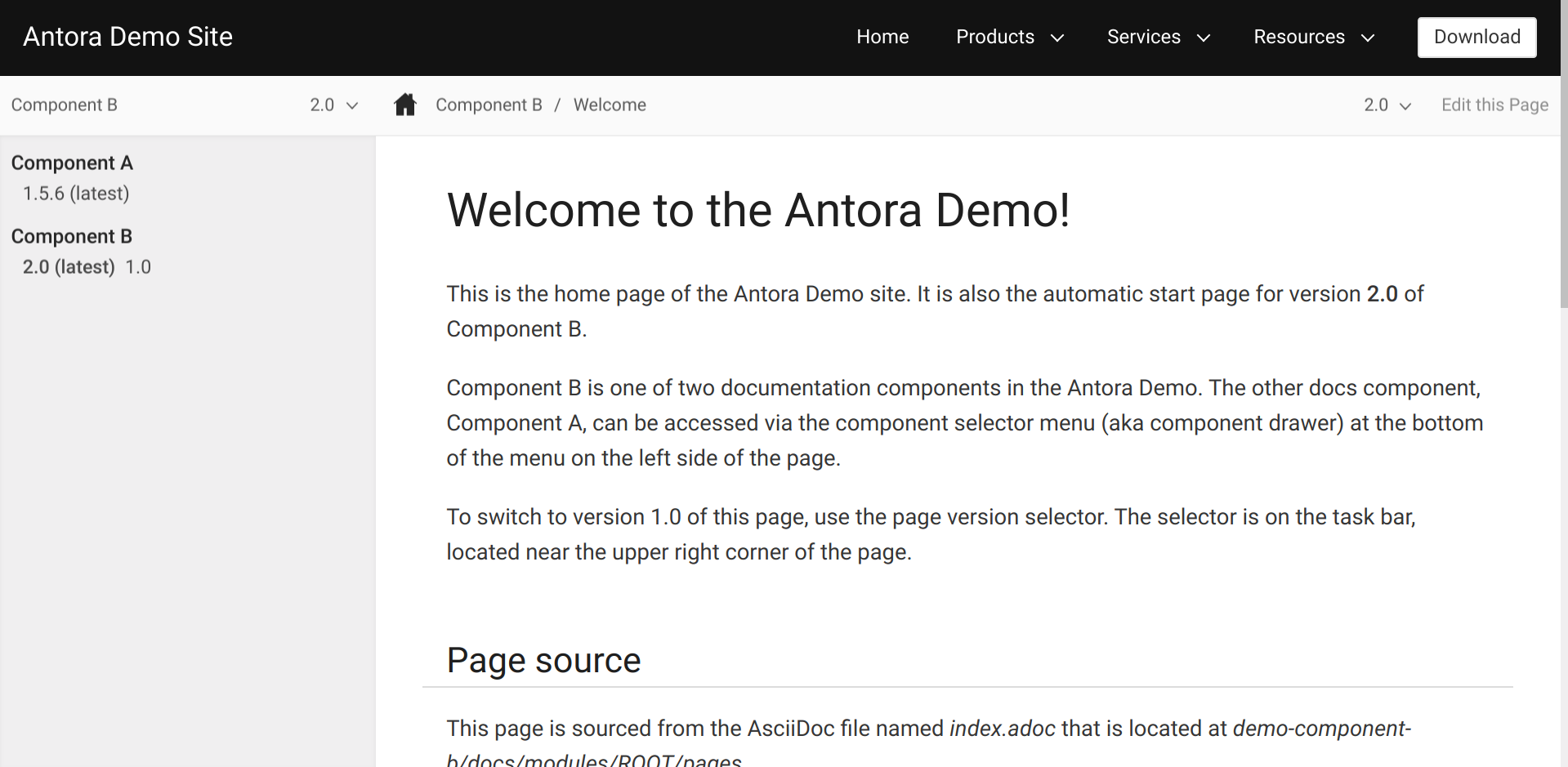 Screenshot of the component version selector dropdown menu in an Antora documentation site