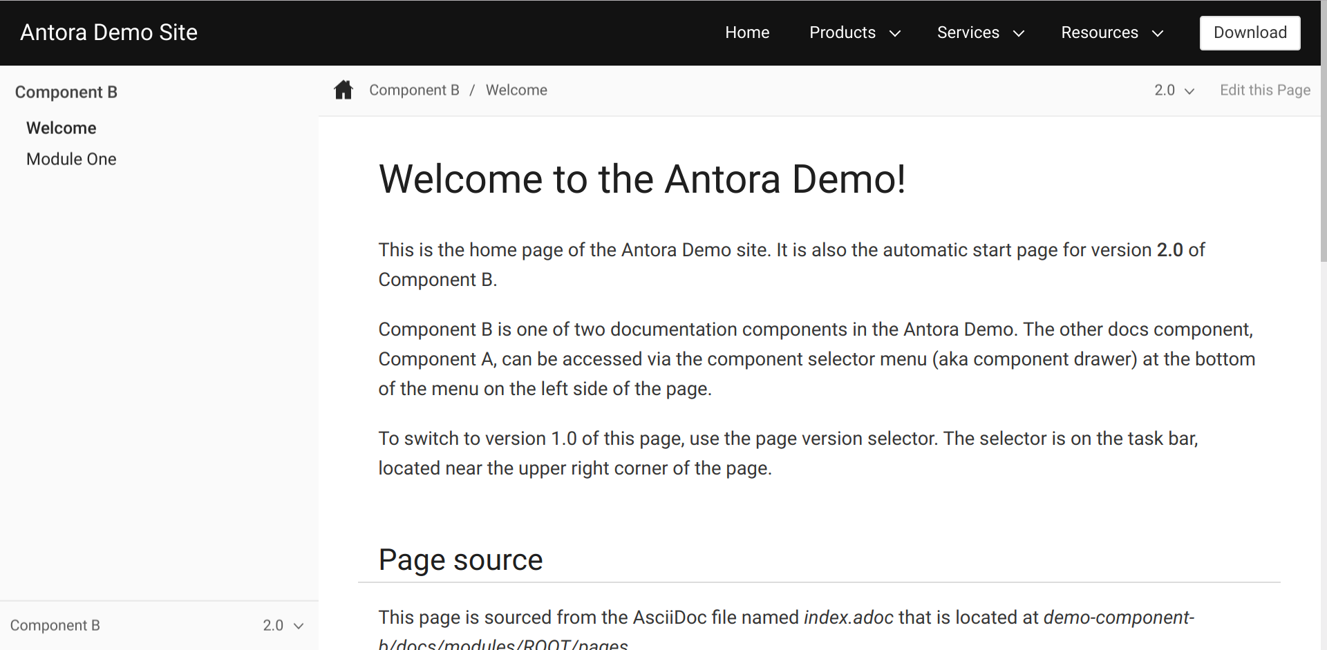 Screenshot of the component version page menu in an Antora documentation site
